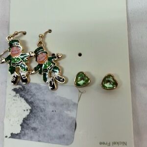 New Green Leprechaun Earrings and Green Heart Studs Nickel Free St Patricks day